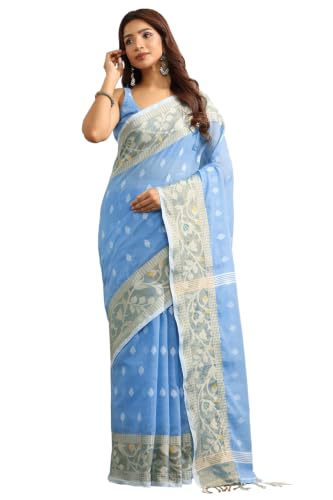 Soch Womens Light Blue Cotton Jamdani Woven Saree