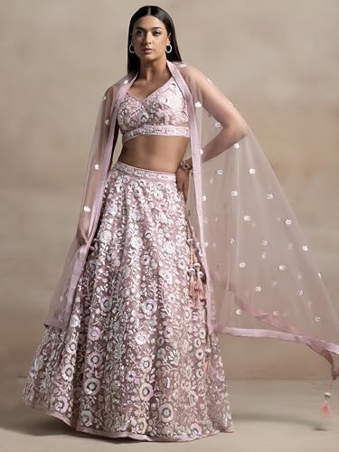 Zeel Clothing Women's Sequins Embroidered Soft Net Designer Lehenga Choli with Dupatta (5126-Womens-Lehenga-Choli-Latest; Free Size) (Pink)