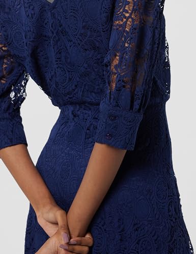 Styli Women's Navy Blue Puff Sleeves Lace Insert A-Line Midi Dress