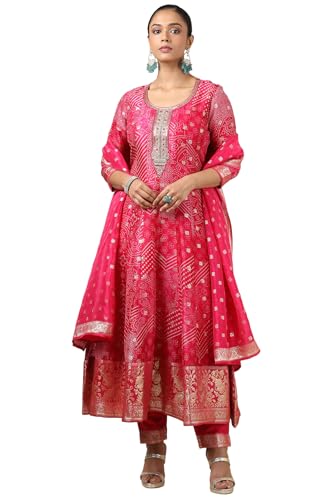 Soch Womens Fuchsia Brocade Bandhani Chudidar Set With Thread Work