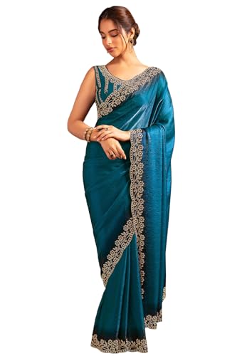 Soch Womens Teal Green Organza Saree With Stone Work