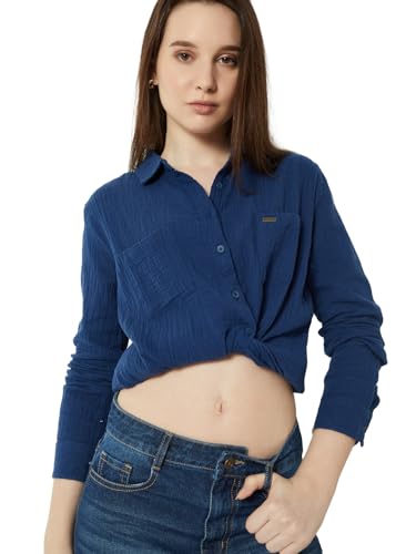 Max Women Textured Shirt with Pocket (Blue_XL)
