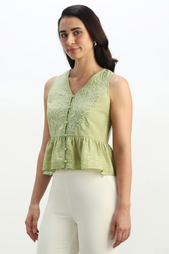 Women Green Embroidered Casual Top