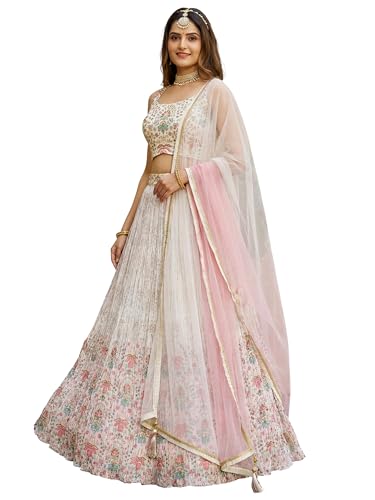 Zeel Clothing Women's Floral Printed Georgette New Lehenga Choli with Dupatta (5081-White-Women-New-Lehenga-Choli; Free Size)