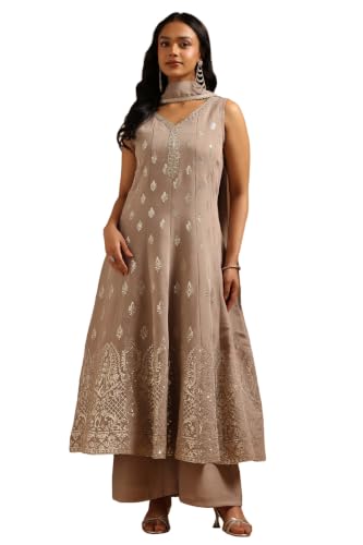 Soch Womens Grey Chanderi Botanical Zari Woven Salwar Suit With Zardosi