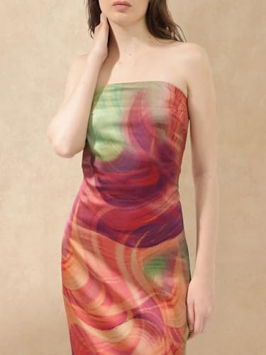 Rareism Women's Polyester Shoulder Strap Abstract Print Sleeveless Midi Bodycon Dress