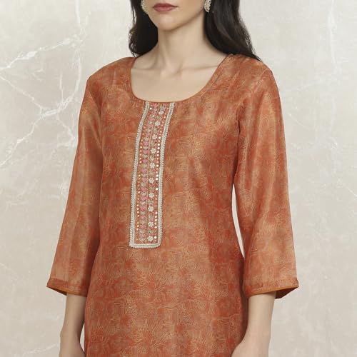 Biba Women's Orange Chanderi Unstitched Suit Set