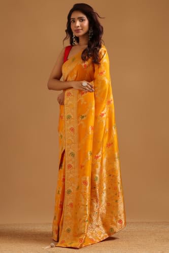 Soch Womens Yellow Crepe Botanical Zari Woven Saree