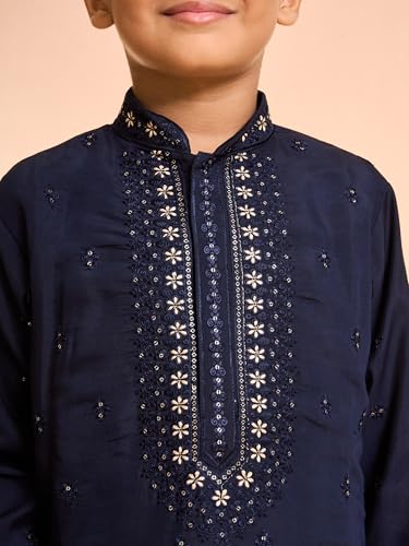 Manyavar Boys Viscose Blend Neck Embroidered & Sequined Kurta Pyjama Set (Dark Blue,8-10Y)