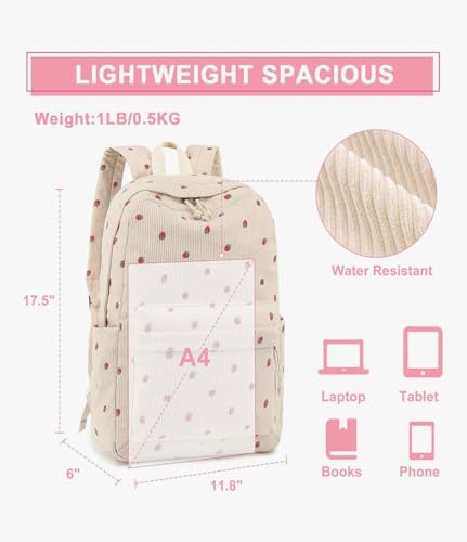 Satic School & College Backpack for Teens Large 25L Corduroy Bookbag Lightweight for Girls Women Lightweight Travel Backpack (Strawberry Beige)