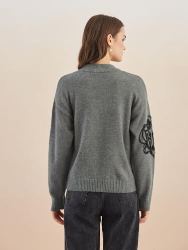 Latin Quarters Women's Grey Full Sleeves Round Neck Self Design Casual Hip Length Sweater_L