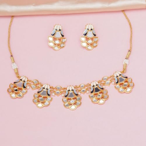 VOYLLA Festive Hues Mirror Work Enamelled Brass Gold Plated Choker Jewellery Set