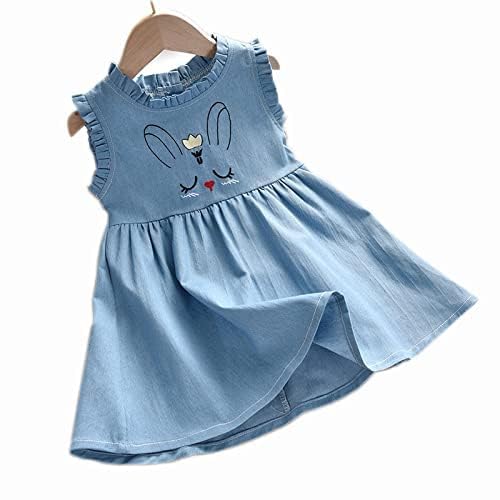 BENKILS Cute Fashion Floral Embroidered Cotton Denim Casual Frocks Dress (5-6 Years, Light Blue)