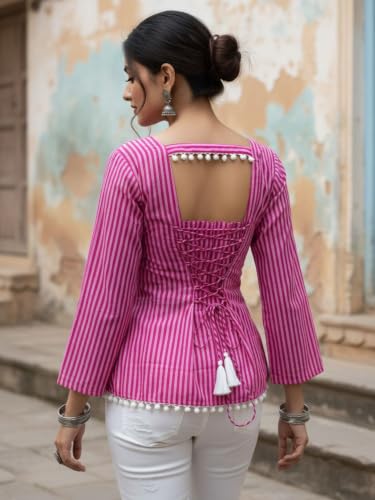 Dora Dori Women Cotton Striped Kurti | Round Neck 3/4 Sleeve Corset Back Tie-Up Detail Lace Detailing | Pink Short Kurti for Women | Casual, Office & Daily Ethnic Wear