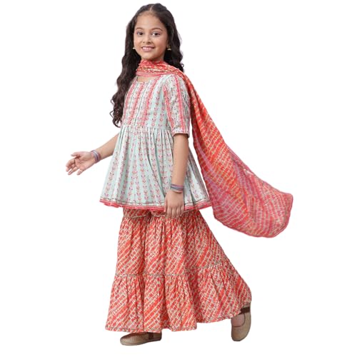 Biba Girls Girl's Cotton Kurta Set with Dupat (KW4670AW22AQUCRL_Blue
