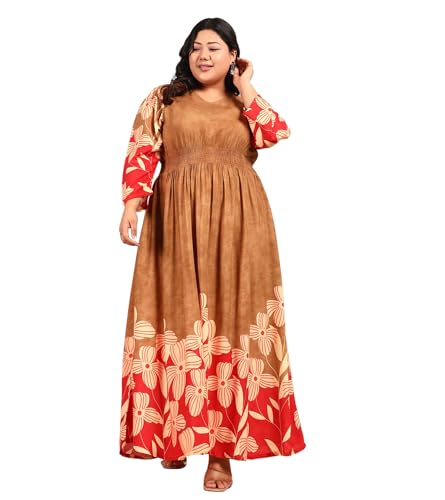 DEEBACO Women's Plus Size Floral Placement Print Rayon Ankle Length Smocked A-Line Dress|3/4 Sleeve|Casual Trending Stylish Long One Piece Dresses Women Western(DBDRP00002318_3XL_Brown)