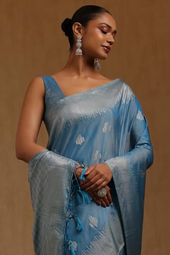 Soch Womens Blue Viscose Silk Ethnic Motifs Zari Woven Saree