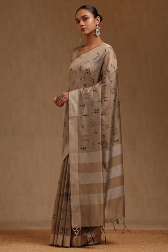 Soch Womens Beige Chanderi Warli Print Saree With Thread Work