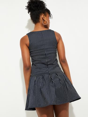 Max URB_N Women Striped Pleated Mini Dress (Blue_XXL)