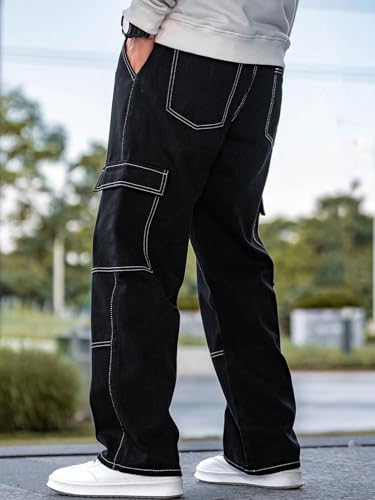 URBAN POCKETS Jeans for Men | Denim Cargo Pants with Baggy Fit Utility Pockets & Streetwear Stitch Design (Black-Cargo-U01-32)