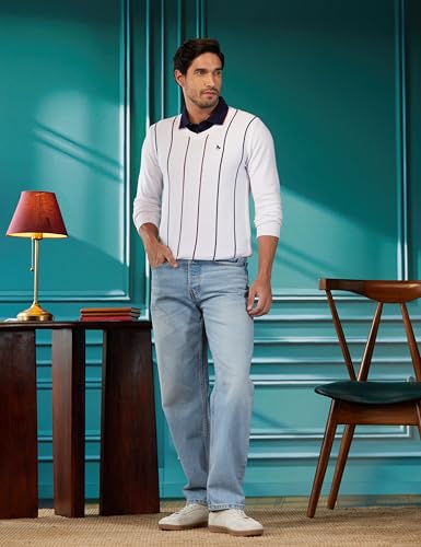Van Heusen Men White Stripe Crew Neck Sweater