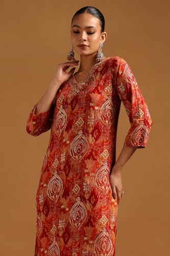 Soch Womens Rust Rayon Ethnic Motifs Kurta with Mirror Work