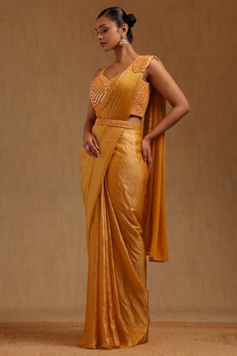 Soch Womens Mustard Organza Solid Ready to Wear Saree