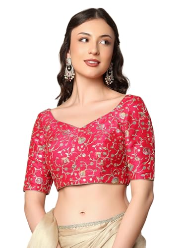 S SALWAR STUDIO Pink Silk Embroidered Sweetheart Neck Readymade Saree Blouse