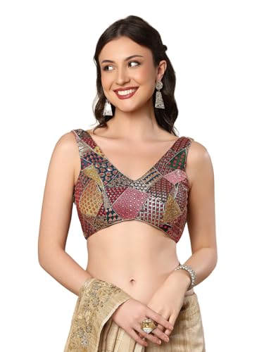 S SALWAR STUDIO Blue Embroidered V Neck Sleeveless Readymade Saree Blouse