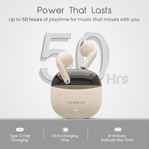 HAMMER Ultra Pods True Wireless Earbuds with in-Built Mic, 100H Standby Time, 1H Charging USB Type-C, 13mm Dynamic Drivers, 50H Playtime, BT v6.0 Connectivity, IPX5 Water Resistant (Beige)