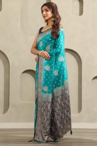 Soch Womens Turquoise Blue Viscose Botanical Zari Woven Saree With Stone Work
