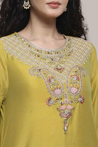 Biba Women Lime Green Chanderi Straight Dyed Suit Set_42