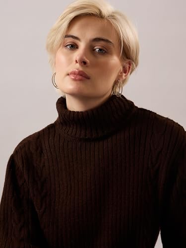 Sassafras Women Brown Acrylic Wool Turtle Neck Short Dress S