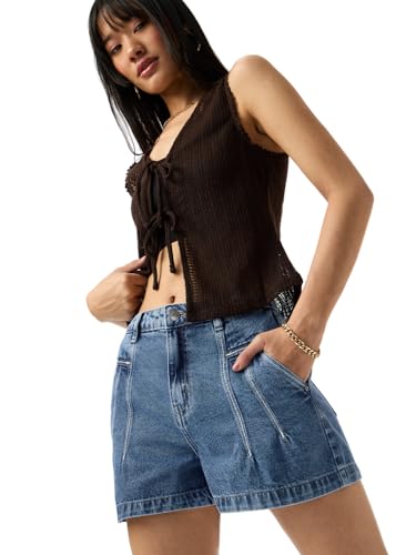 The Souled Store Denim Shorts: Arctic Women and Girls Buttoned Waistband Medium Blue Wash Solid Cotton Regular Fit Stone-Washed Pintuck Everyday Lightweight Denim Shorts