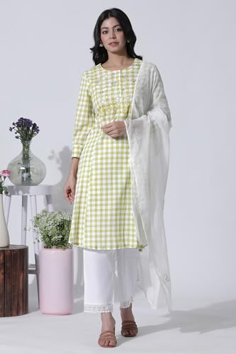 W for Woman White & Green Checker Cotton Kurta, Pants with Dupatta Set_24ONWS11009-313972_S