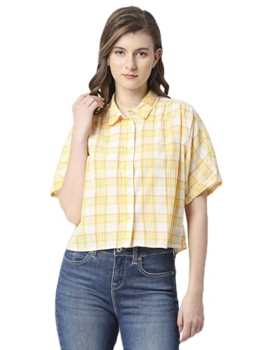 Pepe Jeans Checks Cotton Round Neck Women's Shirt (Yellow, XL)