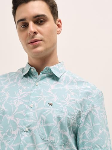 THE BEAR HOUSE Men's Green Relaxed Fit Cotton Half Sleeve Shirt