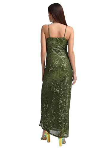 Kazo Solid Satin Round Neck Womens Maxi Dress (Olive, Small)