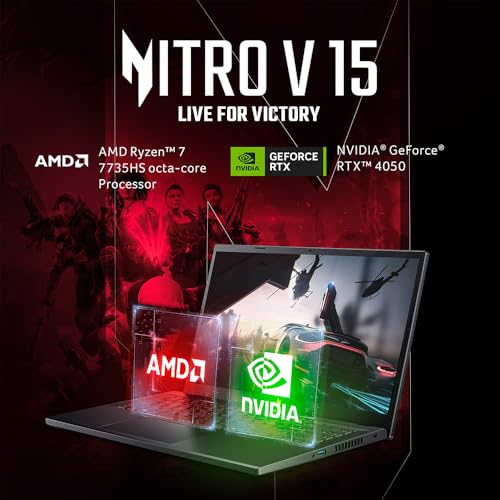 Acer NITRO V 15, AMD Ryzen 7-7735HS octa-core processor, NVIDIA GeForce RTX 4050- 6 GB GDDR6(16GB DDR5, 512GB)IPS FHD, 15.6"/ 39.62cm, 144Hz, Win 11 Home, Obsidian black, 2.1KG, ANV15-41 Gaming Laptop