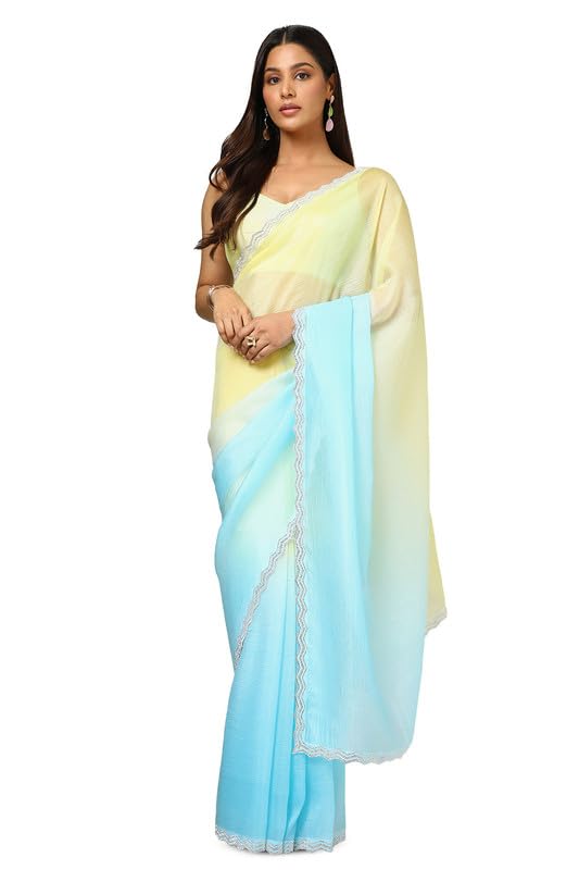 Soch Womens Yellow Organza Ombre Saree With Stone Work