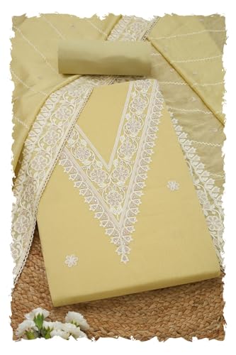 Soch Womens Light Yellow Chanderi Embroidered Unstitched Dress Material With Thread Work