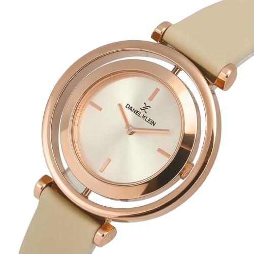 Daniel Klein Analog Round Dial Rose Gold Case Beige Leather Strap Water-Resistant Wrist Watch for Women Girls, Ladies DK11430-4