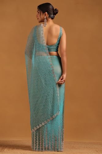 Soch Womens Turquoise Blue Organza Embellished Saree With Stone Work