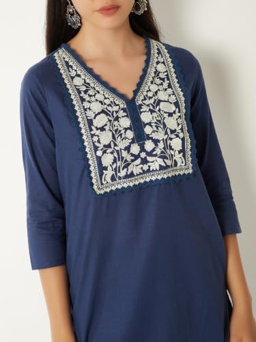 Max Women Embroidered Yoke Straight Kurta Set(Blue_XL)