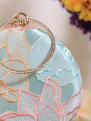 THE TAN CLAN Women Blue Floral Embroidered Clutch Purse Stylish Bridal Handbag Round Designer Clutch Bag For Women Wedding Party Ethnic Fancy Purse With Chain And Metal Handle