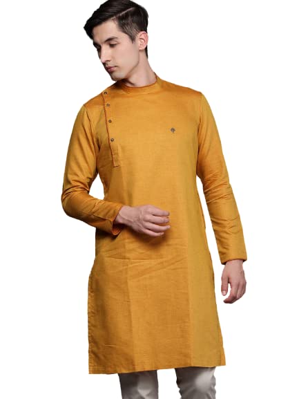 Manyavar Men's Kurta, Full Sleeves Mandarin Collar Ethnic Knee Length Kurta Only, Kurta for Festival, Wedding, Party & Anniversary, Blended Cotton (Mustard, L)