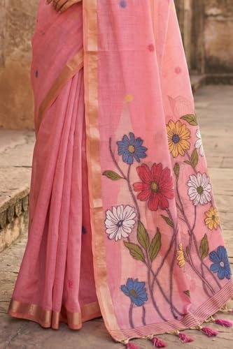 SGF11 Women's Cotton Linen Soft Silk Saree With Unstitched Blouse Piece (Pink)