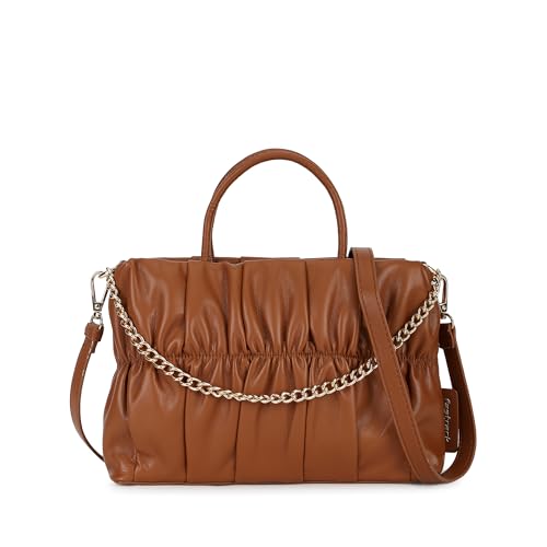 Fastrack Ruched Faux Leather Satchel Bag for Women | Structured Handbag with Detachable Chain Strap, Zippered Compartment and Inner Pockets | Elegant Convertible Bag for Casual and Wear