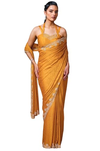 Soch Womens Mustard Fendy Georgette Woven Design Saree With Stone Work