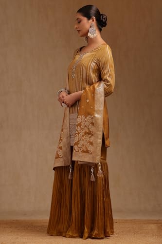 Soch Womens Mustard Tissue Zari Woven Suit Set With Mirror And Stone